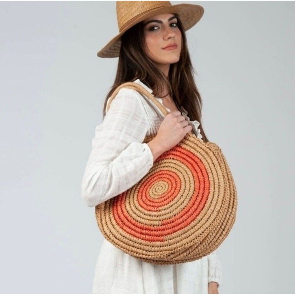 Lucca Couture Round Straw Shoulder Bag in Natural and Coral